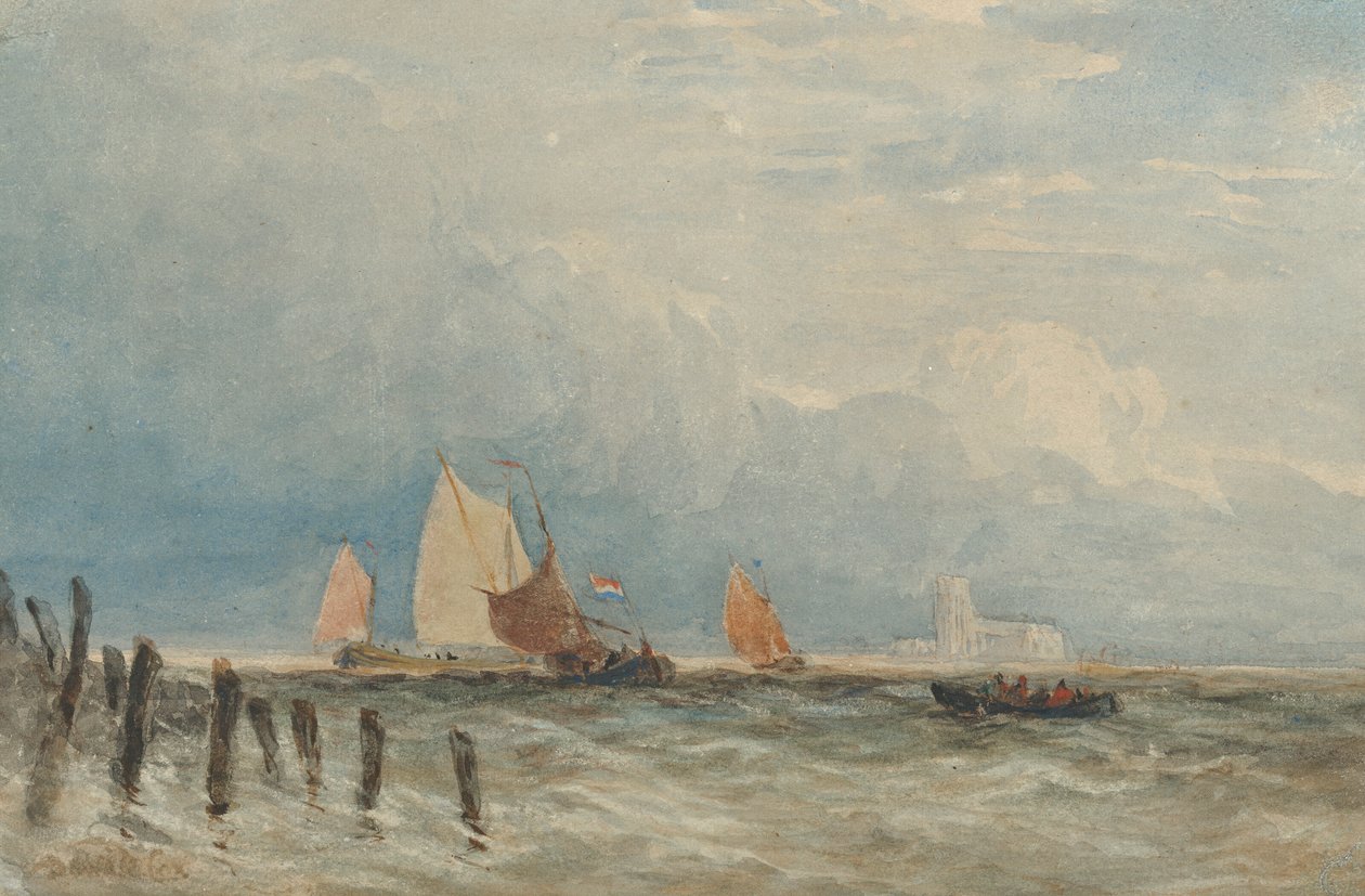 Nizozemské rybářské šnorchly u pobřeží, v dálce Grote Kerk, Dordrecht od David Cox