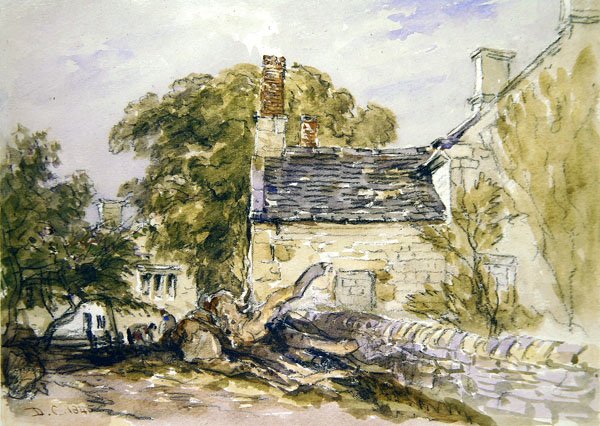 Postavy před starou kamennou chalupou (černá křída a akvarel na papíře) od David Cox