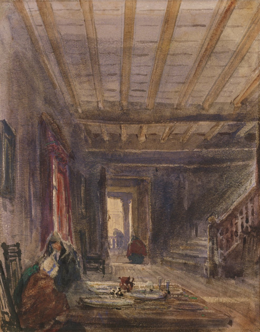 Interiér s postavami u stolu (wc na papíře) od David Cox
