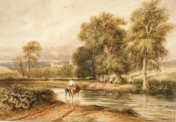 č. 1789 Návrat z Hayfieldu s dalekým výhledem na Haddon Hall (akvarel na papíře) od David Cox