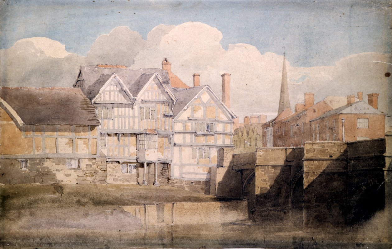 Staré domy a Wye Bridge, Hereford, 1820 od David Cox