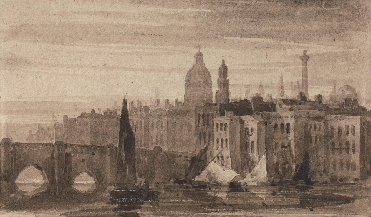 Starý londýnský most a katedrála svatého Pavla od Temže od David Cox