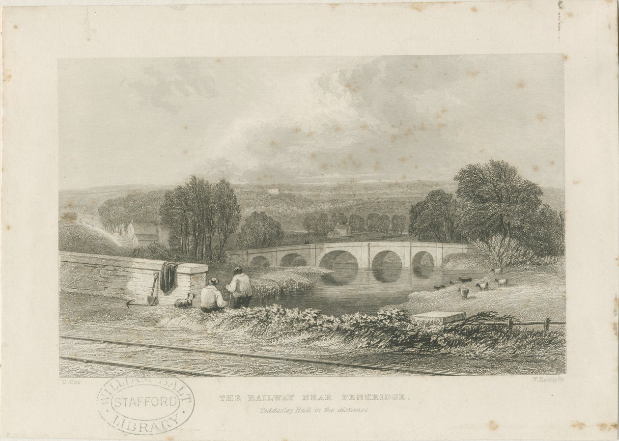 Penkridge Town - Železniční a Bull Bridge: ocelorytina, nd [c 1839] od David Cox