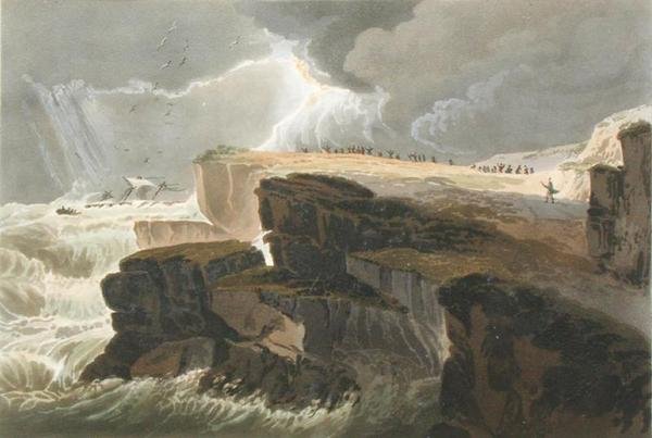 Talíř z knihy 10 Bouře, Pohled na pobřeží Hastings z Pojednání o krajinomalbě vyryté Richardem Reevem (nar. 1780), 1813-14 (ručně kolorovaná akvatinta) od David Cox