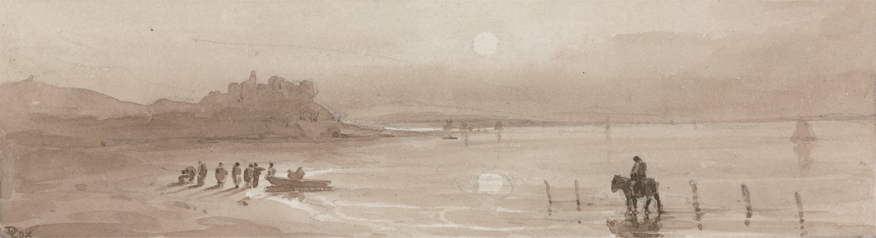 Pobřeží, západ slunce s hradem Harlech od David Cox