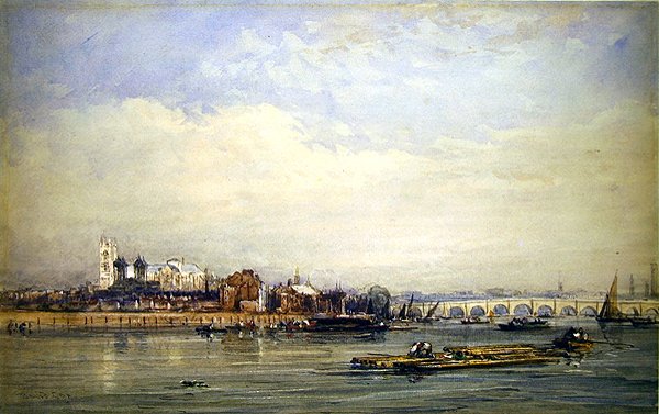 Westminster a Temže z pobřeží Battersea (akvarel na papíře) od David Cox