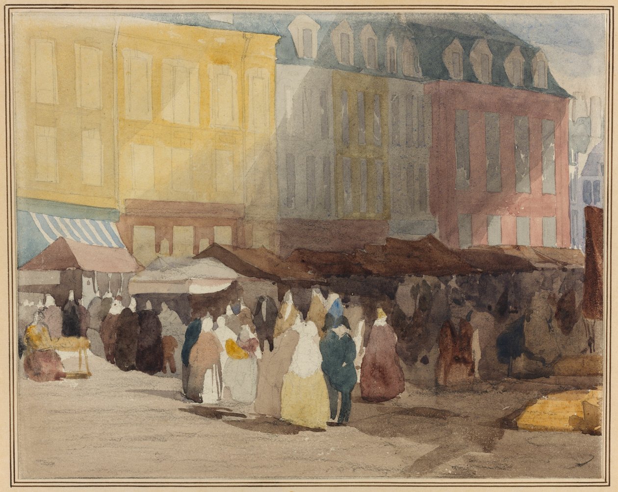 Francouzská tržní scéna, pravděpodobně Boulogne od David Cox the elder