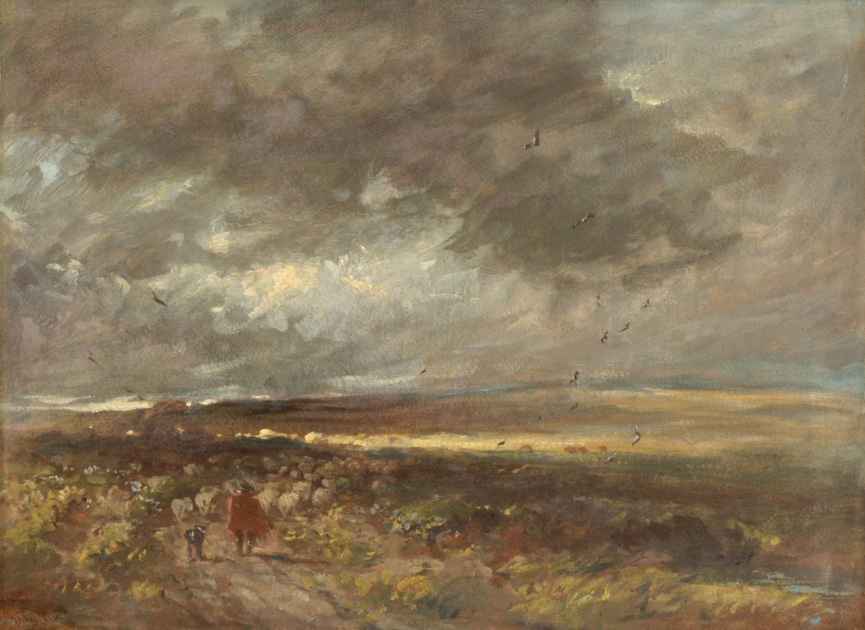 Krajina vřesovišť: pastýř a ovce, c1810. od David Cox the elder