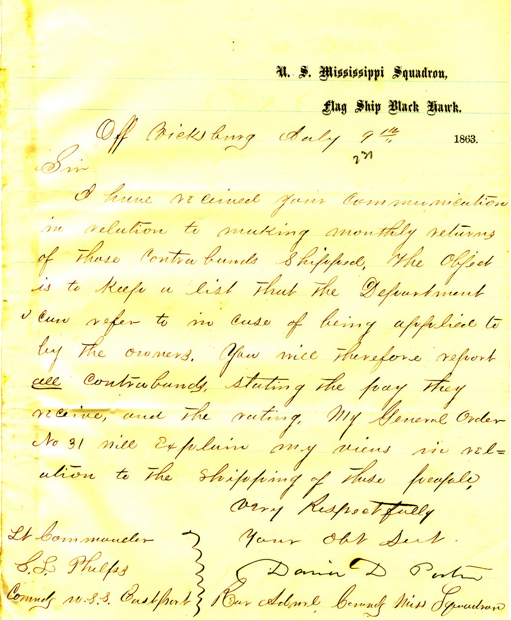 Dopis Davida D. Portera, U. S. S. Black Hawka, z Vicksburgu, Sethovi Ledyardovi Phelpsovi, velící americkému Eastportu, 9. července 1863 od David D. Porter