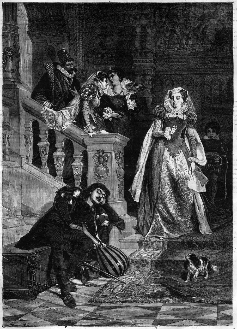 První setkání skotské královny Marie (Mary) Iere Stuart (1542-1587) s Davidem (Davide) Rizzio - rytina podle obrazu Davida Dalhoffa Neala od David Dalhoff (after) Neal