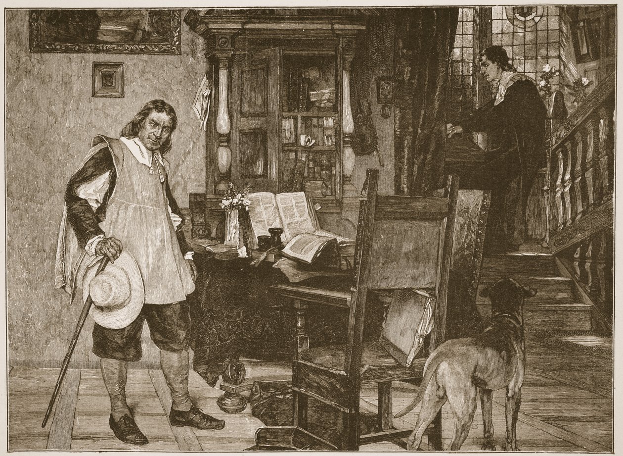 Pan Oliver Cromwell navštěvuje pana Johna Miltona, ilustrace z knihy "Anglikánská církev: Spence-Jones, vyd. cca 1910 (sépiová fotografie). od David Dalhoff Neal