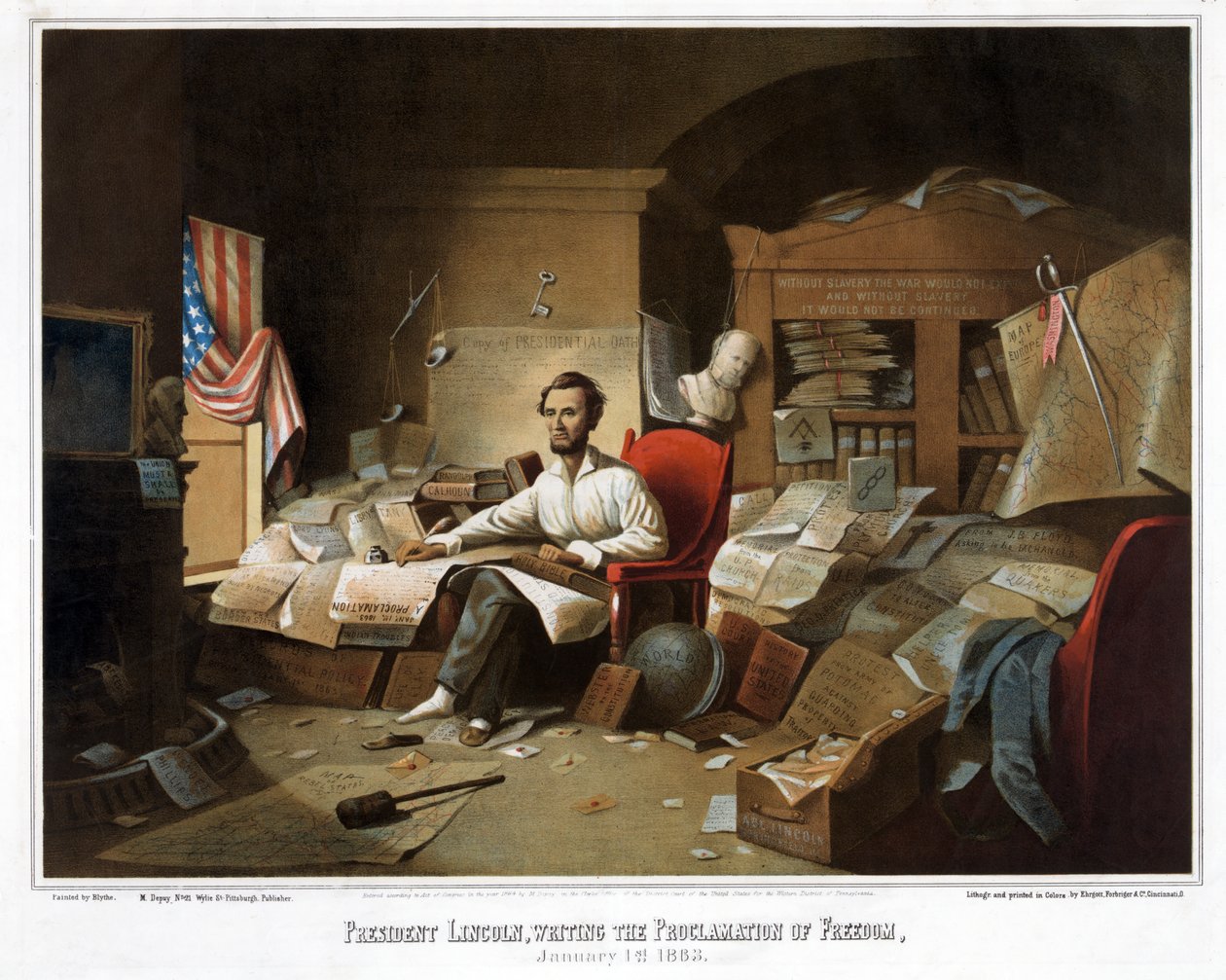 President Lincoln, píšící Proclamation of Freedom, 1. ledna 1863, pub. 1864 od David Gilmour Blythe