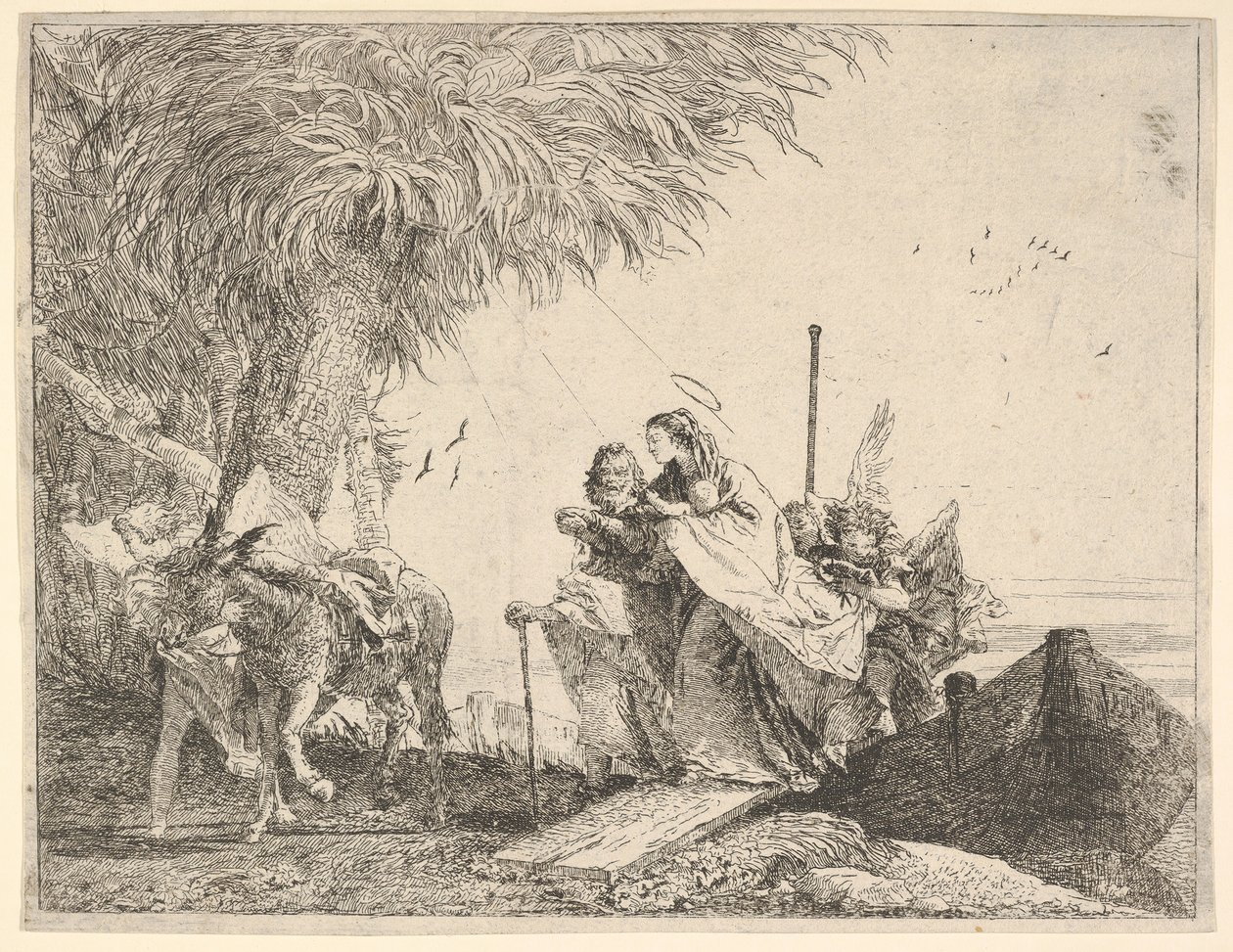 Marie, s pomocí Josefa a anděla, vystoupila z lodi na břeh, anděl stojí ..., 1753. od David Giovanni