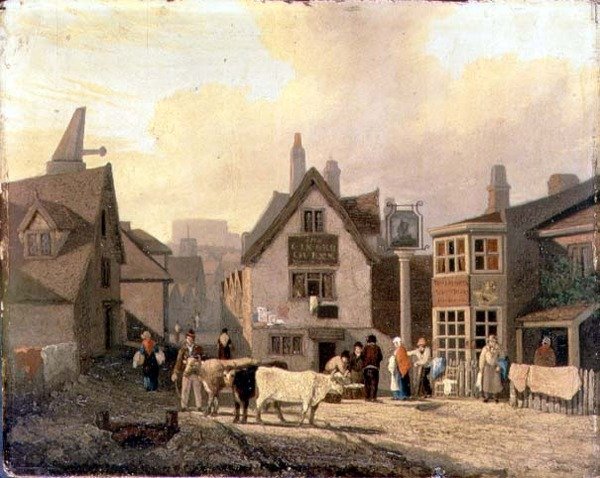 King Street Gates, Norwich (olej na mlýnské desce) od David Hodgson