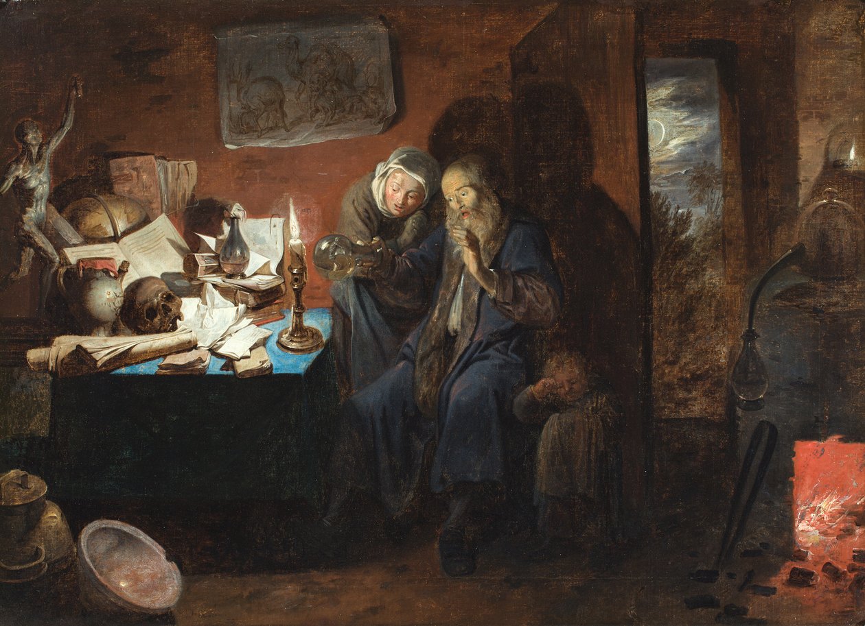 Interiér s alchymistou, ženou a dítětem (vanitas) (olej na plátně) od David III Ryckaert