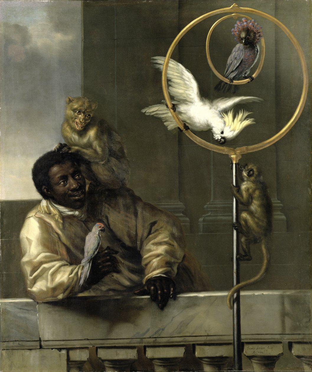 Černý muž s papoušky a opicemi, 1670 od David Klöcker Ehrenstrahl