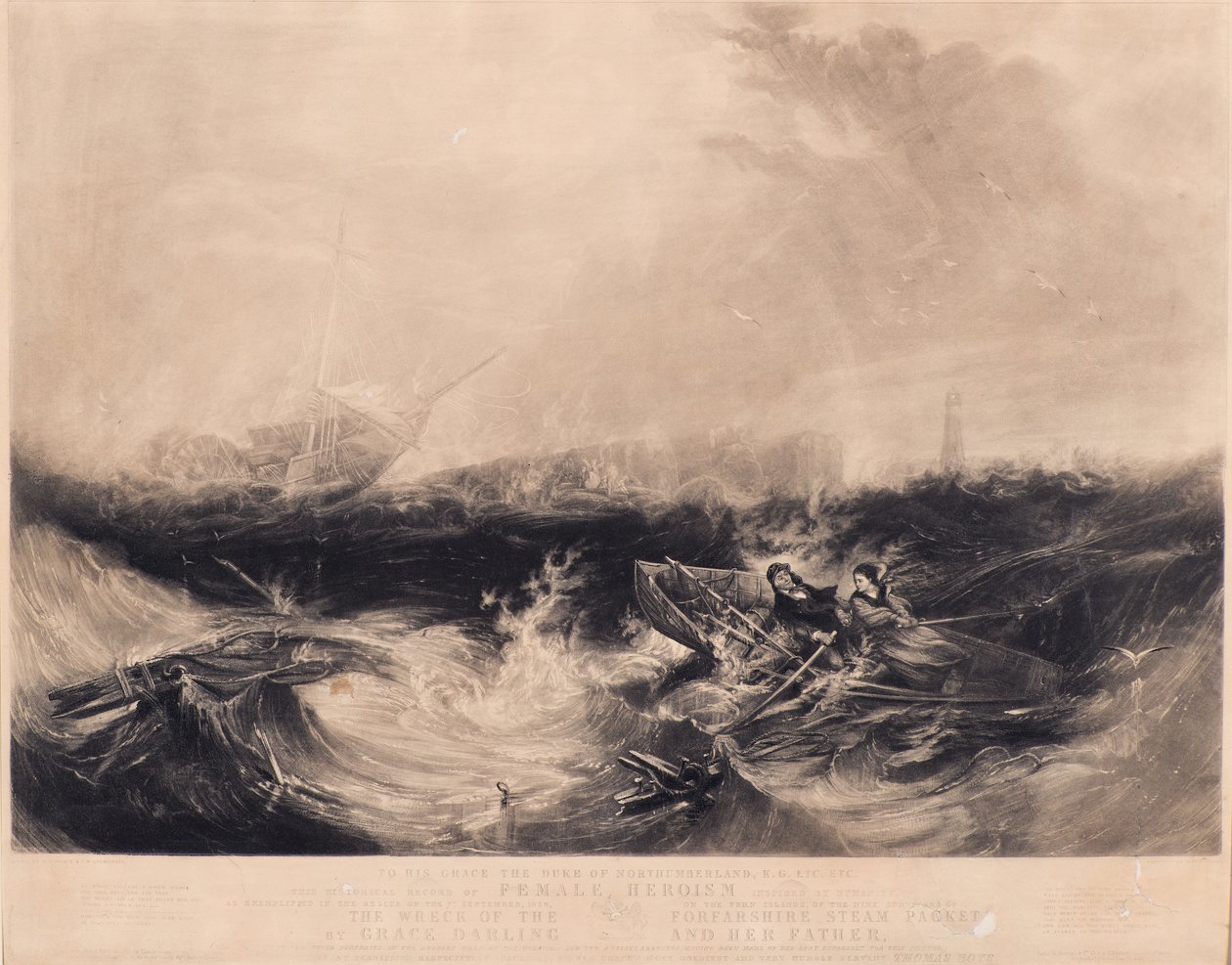 Grace Darling a její otec zachraňující devět přeživších z Forfarshire od David Lucas