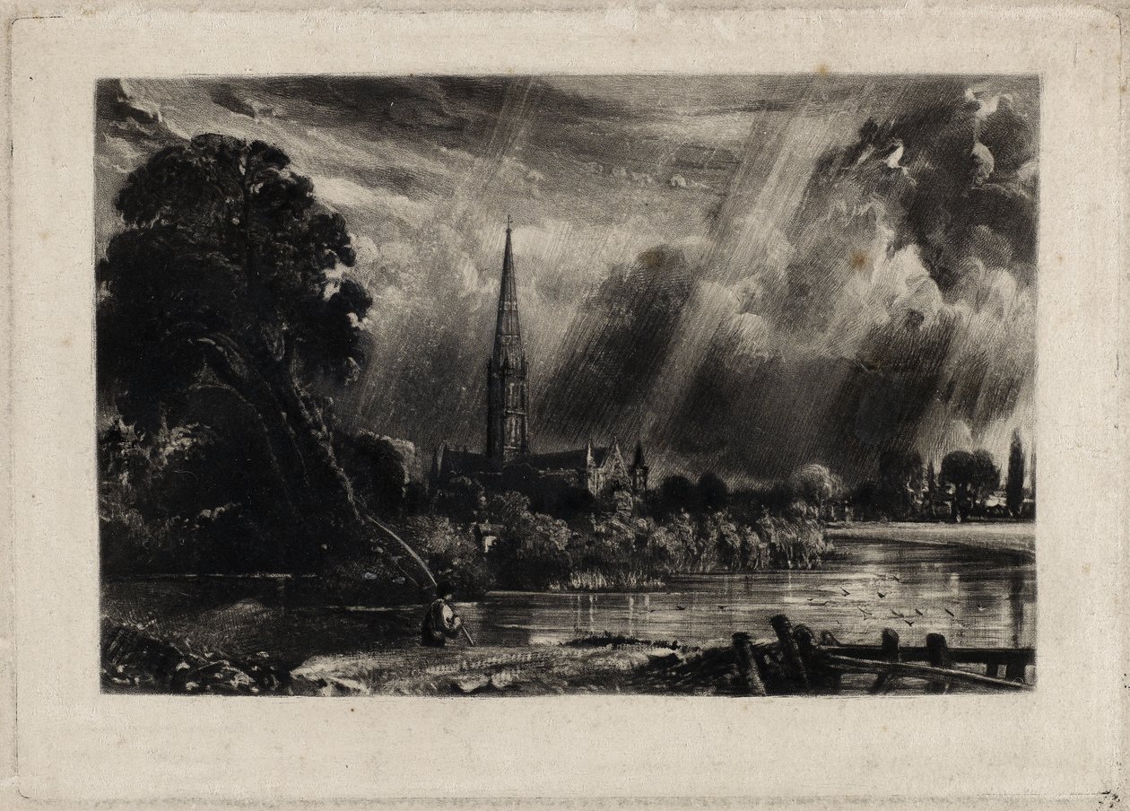 Katedrála v Salisbury, kolem roku 1832 (mezzotinta s bílou křídou na papíře) od David Lucas