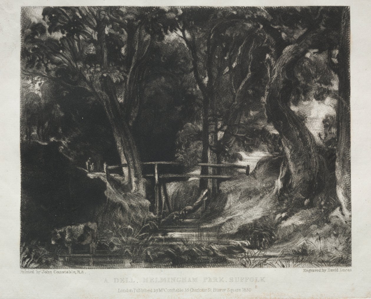 Různé předměty krajiny, charakteristické pro anglické scenérie z obrázků malovaných Johnem Constablem, R.A.: Dell in the Woods of Helmingham Park, Suffolk od David Lucas