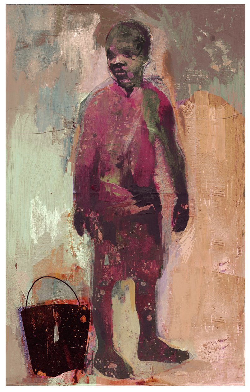 Boy and Water Bucket 2016 (smíšená média na dřevěném panelu) od David McConochie