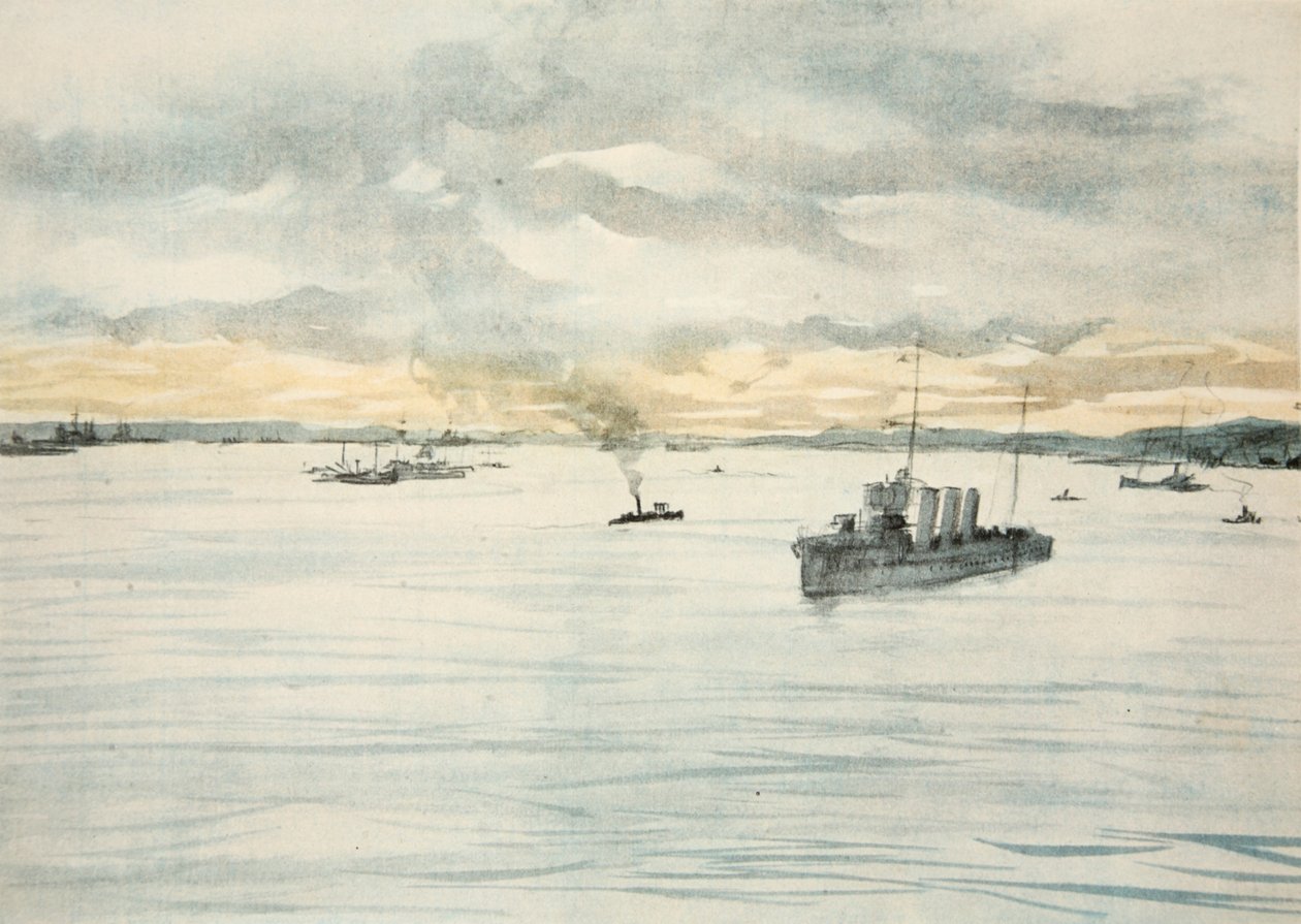 Torpédoborec v přístavu, ilustrace z knihy "The Western Front", vydavatelství Country Life Ltd. od David Muirhead Bone