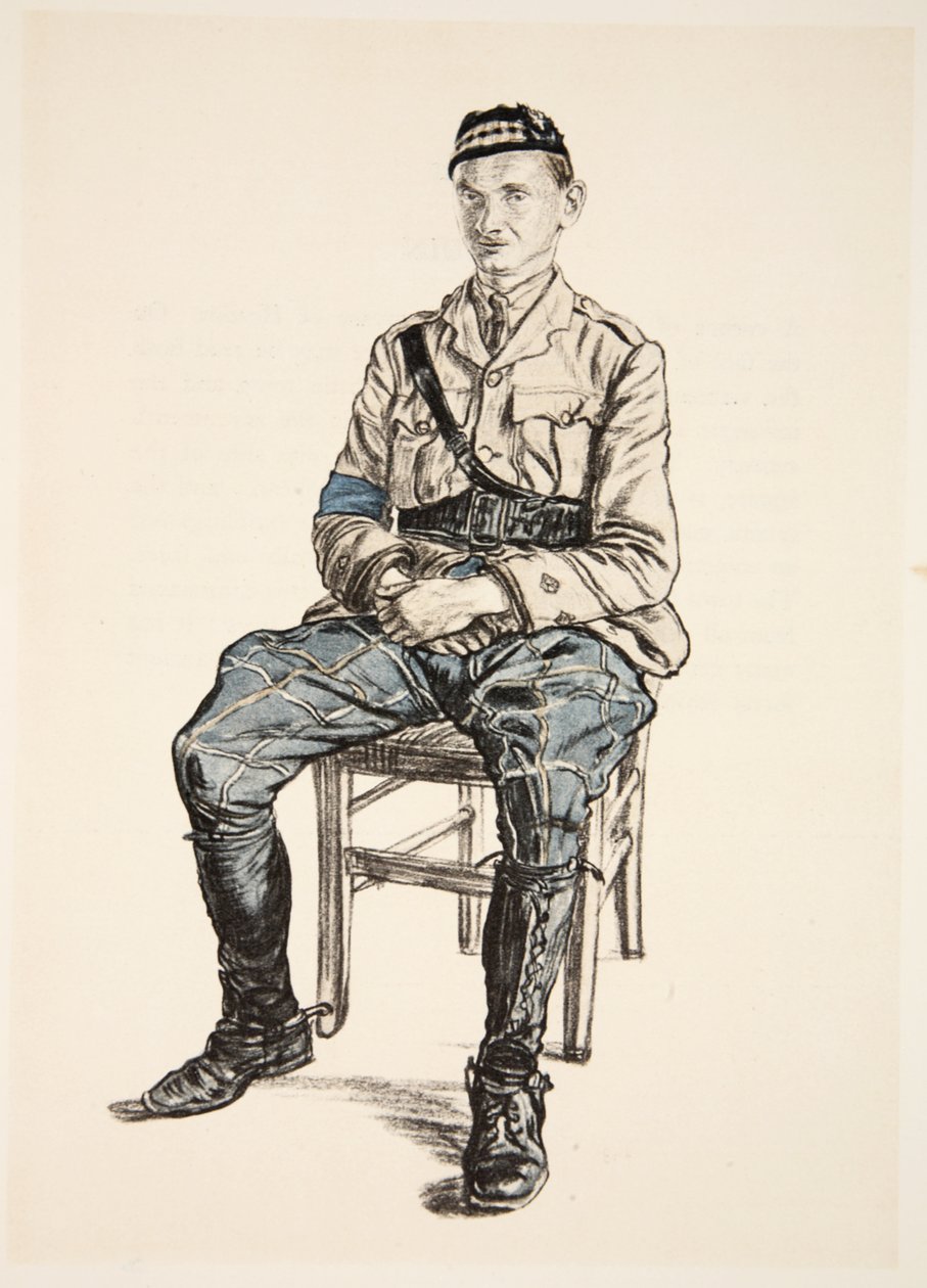 Důstojník z Vysočiny, ilustrace z knihy "The Western Front", vydavatelství Country Life Ltd. od David Muirhead Bone