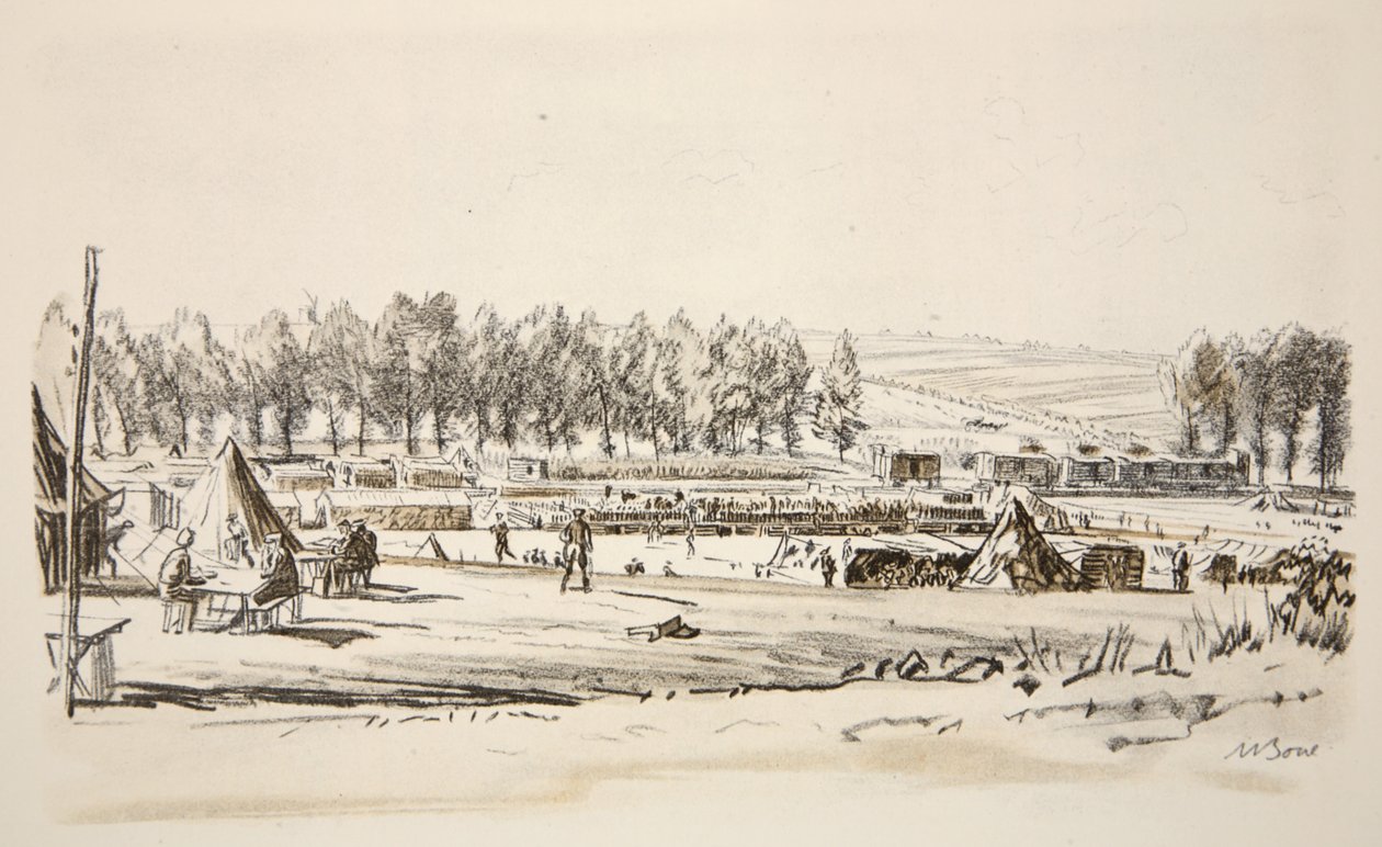 Železniční předmostí, ilustrace z knihy "The Western Front", vydavatelství Country Life Ltd. od David Muirhead Bone