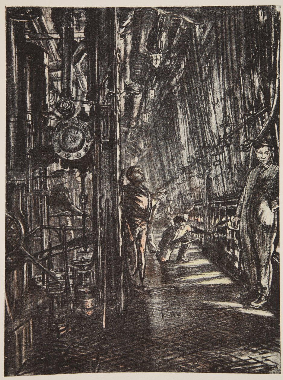 Kotelna na bitevní lodi, ilustrace z knihy "The Western Front", vydavatelství Country Life Ltd. od David Muirhead Bone