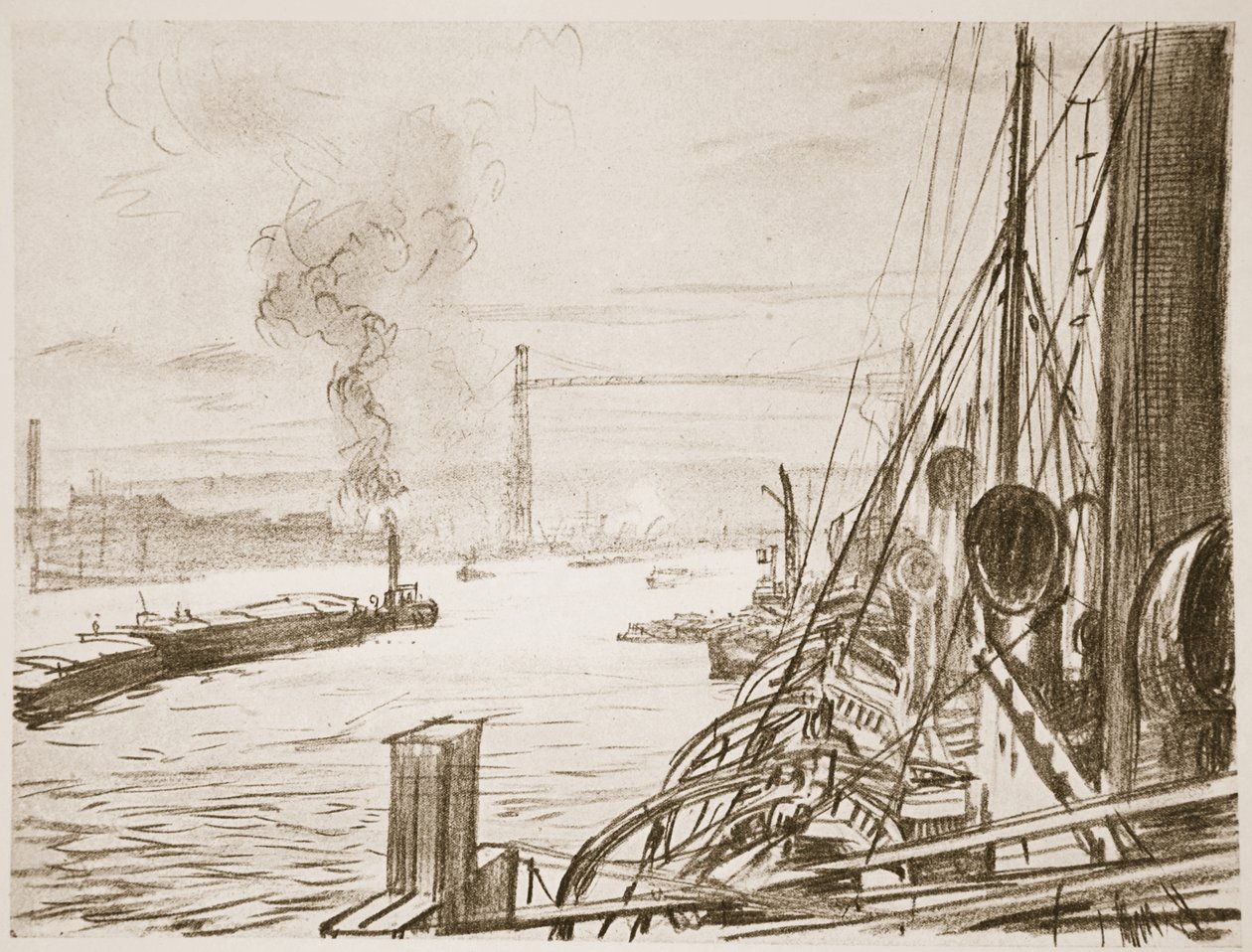 Nemocniční loď na základně, ilustrace z knihy "The Western Front", vydavatelství Country Life Ltd. od David Muirhead Bone