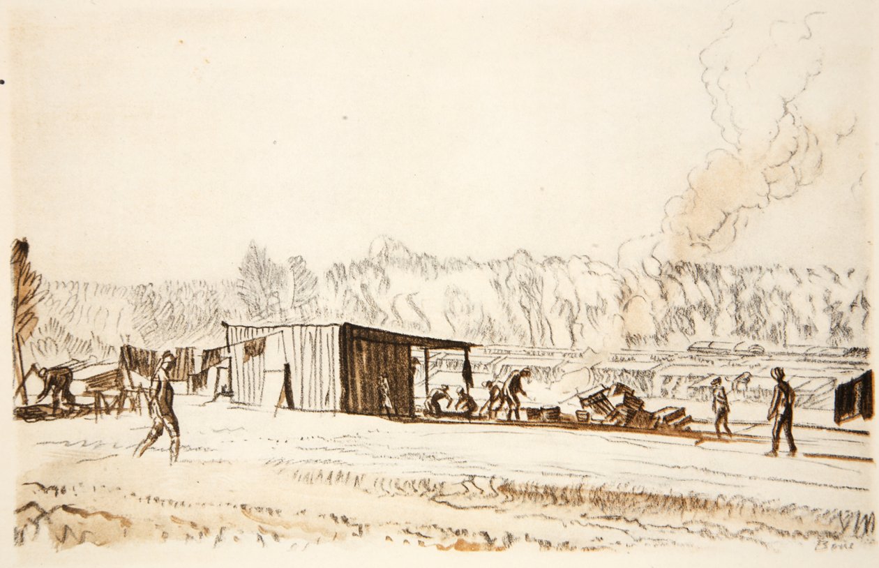 Polní kuchyně, ilustrace z knihy "The Western Front", vydavatelství Country Life Ltd. od David Muirhead Bone