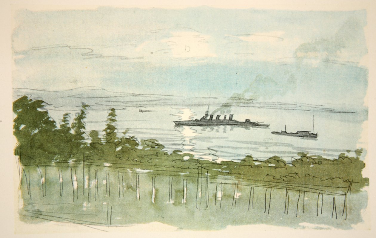 Lehký křižník: večer, ilustrace z knihy "The Western Front", vydavatelství Country Life Ltd. od David Muirhead Bone