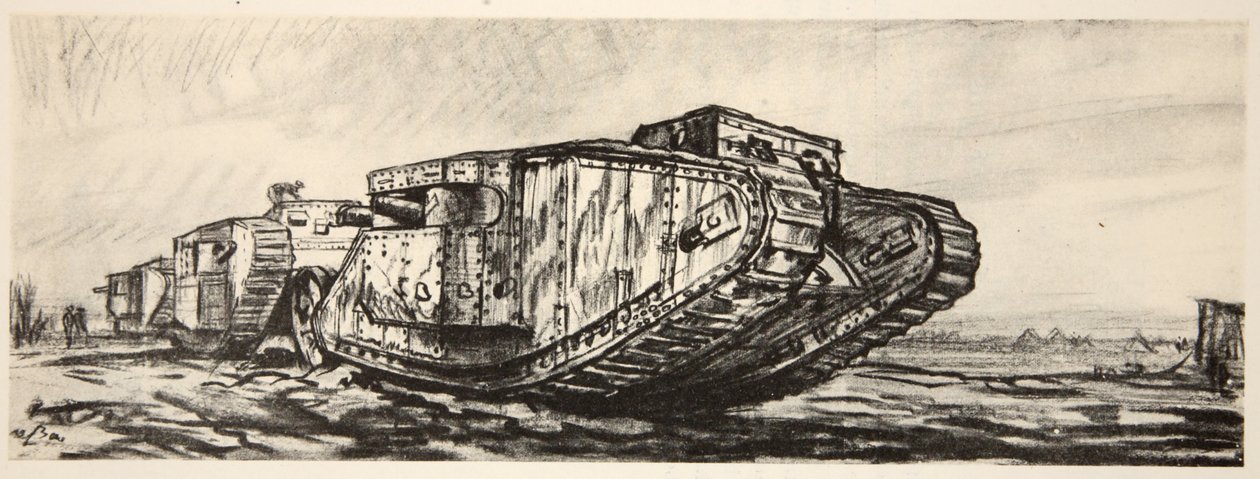 Řada tanků, ilustrace z knihy "The Western Front", vydavatelství Country Life Ltd. od David Muirhead Bone