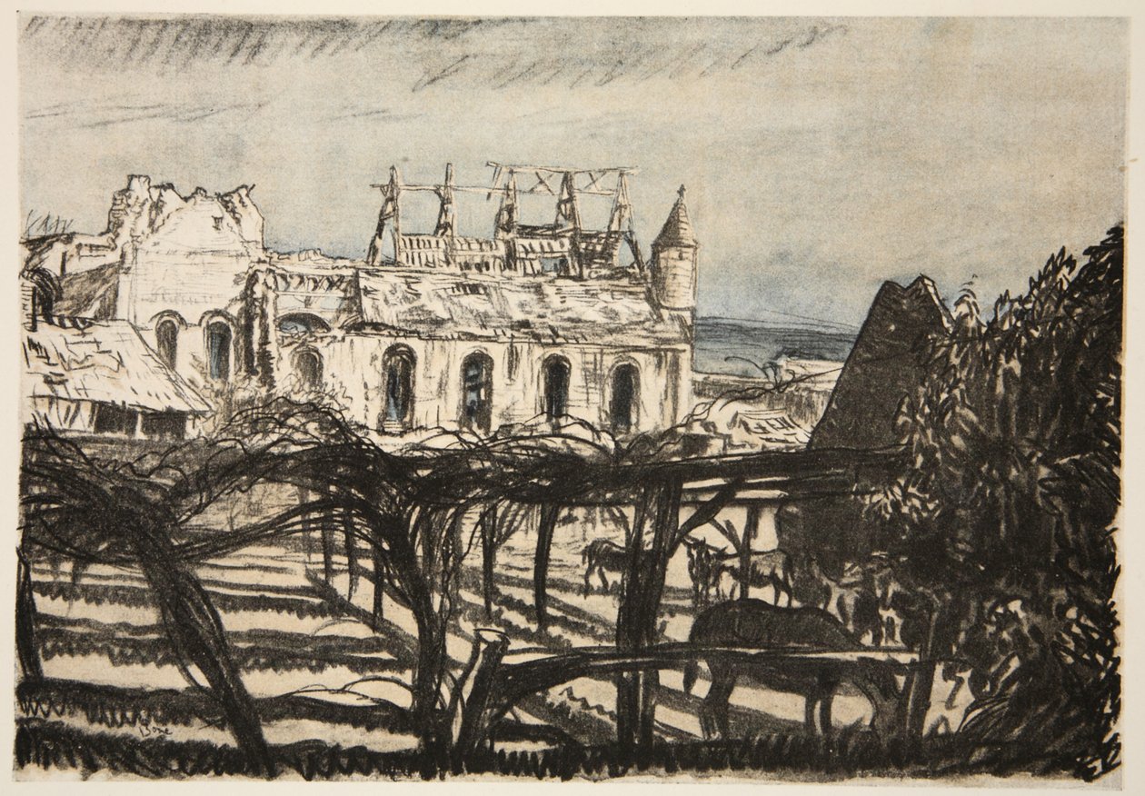 Růžová zahrada, ilustrace z knihy "The Western Front", vydavatelství Country Life Ltd. od David Muirhead Bone