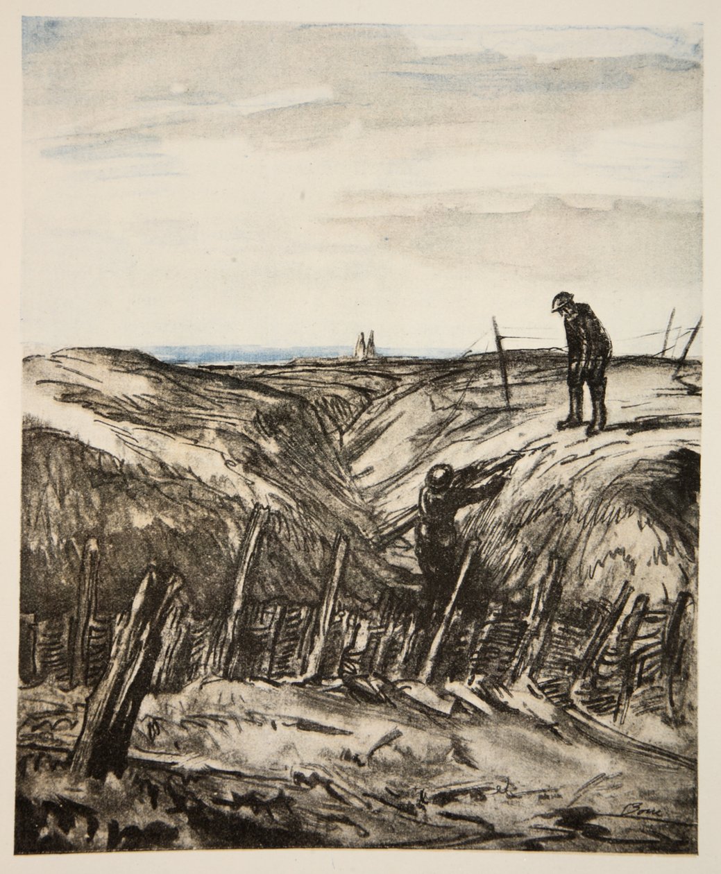 Zničený zákop, ilustrace z knihy "The Western Front", vydavatelství Country Life Ltd. od David Muirhead Bone