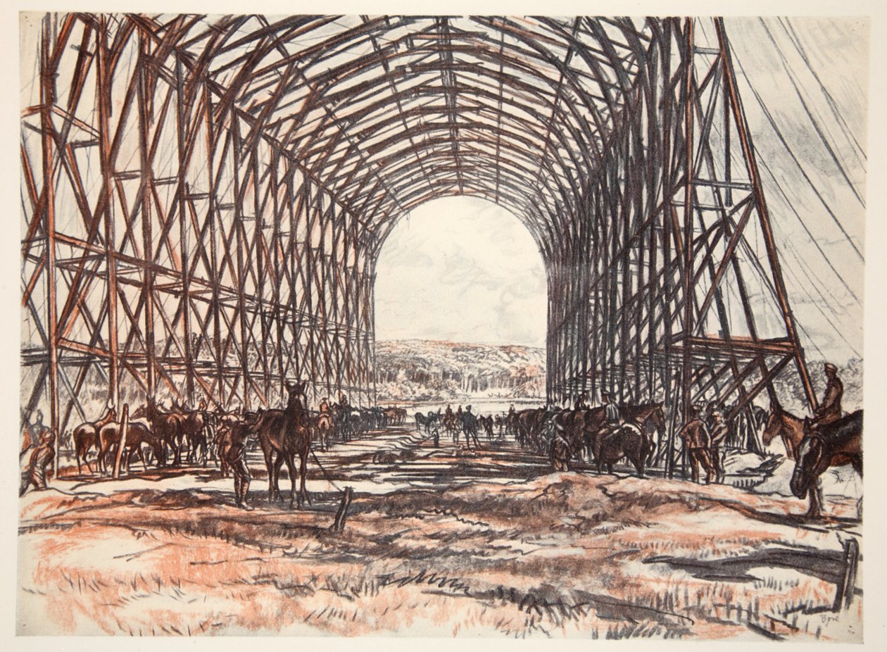 Stáj na západní frontě, ilustrace z knihy "The Western Front", vydavatelství Country Life Ltd. od David Muirhead Bone