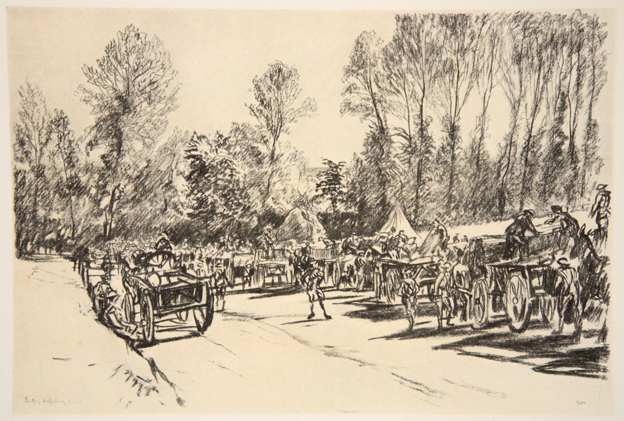 Zásobovací místo, ilustrace z knihy "The Western Front", vydavatelství Country Life Ltd. od David Muirhead Bone