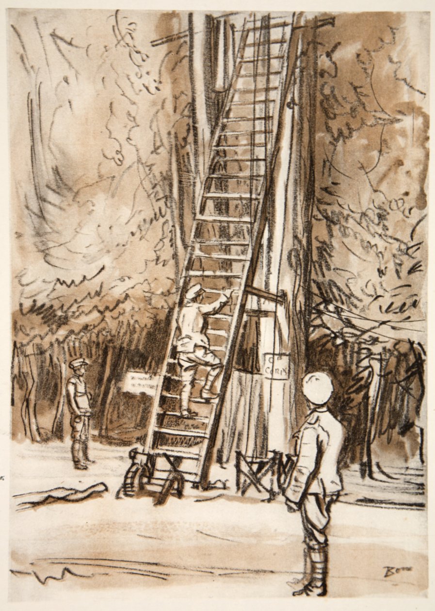 Pozorovací stanoviště, ilustrace z knihy "The Western Front", vydavatelství Country Life Ltd. od David Muirhead Bone