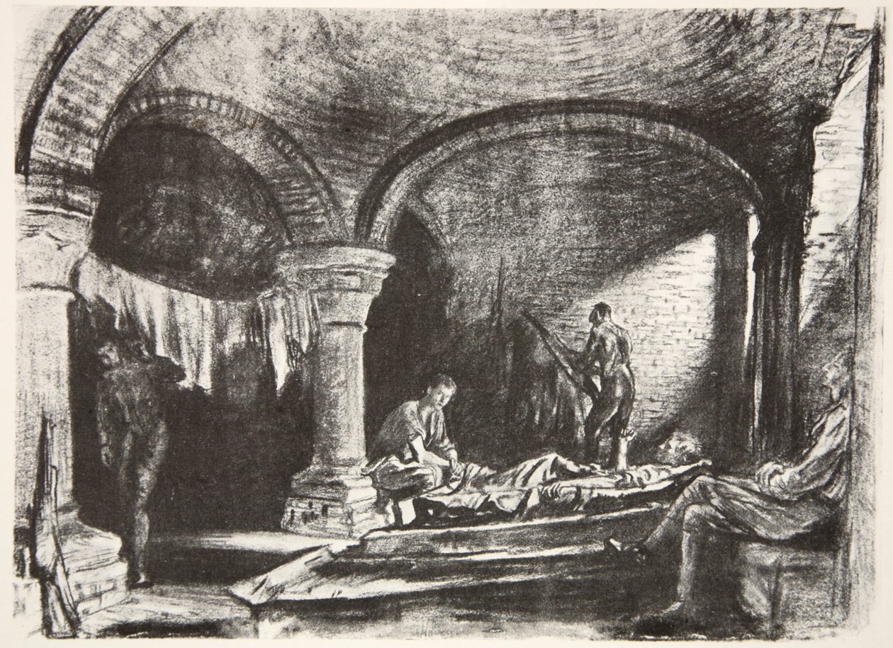 Underground Billet, ilustrace z knihy "The Western Front", vydavatelství Country Life Ltd. od David Muirhead Bone