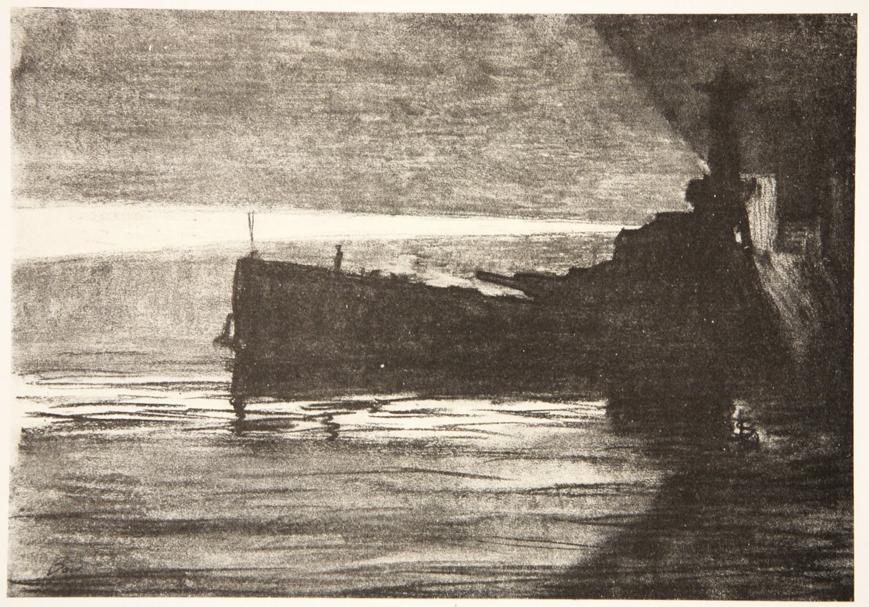 Blížení k bitevní lodi v noci, ilustrace z knihy "The Western Front", vydavatelství Country Life Ltd. od David Muirhead Bone