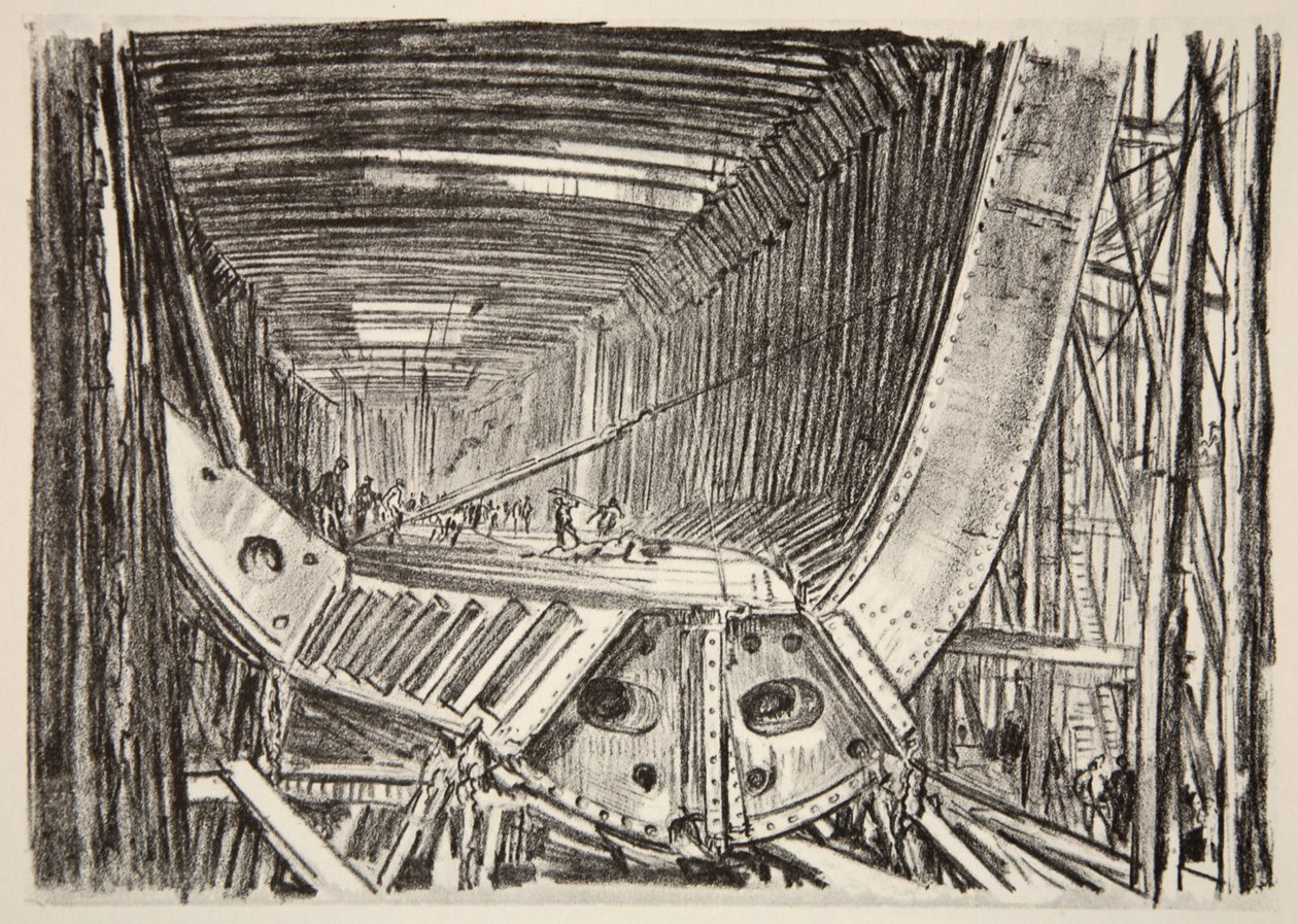 Stavba standardní lodi, ilustrace z knihy "The Western Front", vydavatelství Country Life Ltd. od David Muirhead Bone