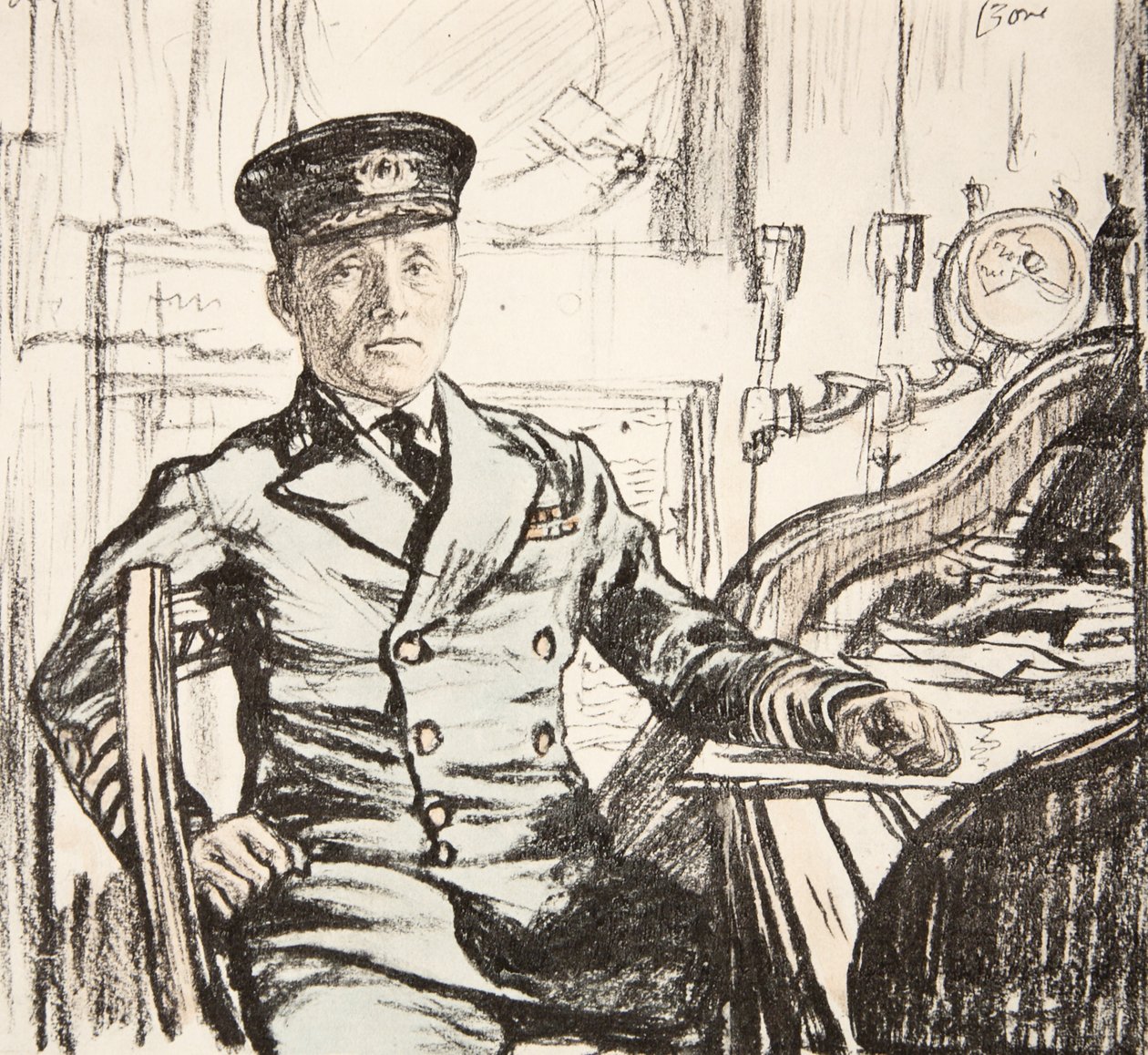 Kapitán Cyril Fuller RI Navy, ilustrace z knihy "The Western Front", vydavatelství Country Life Ltd. od David Muirhead Bone