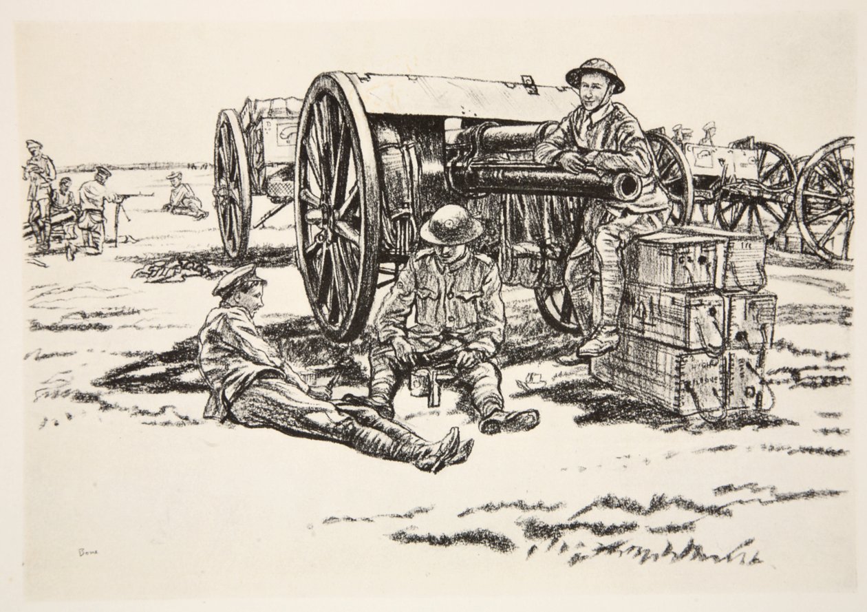 Čas večeře: Muži RFA, ilustrace z knihy "The Western Front", vydavatelství Country Life Ltd. od David Muirhead Bone