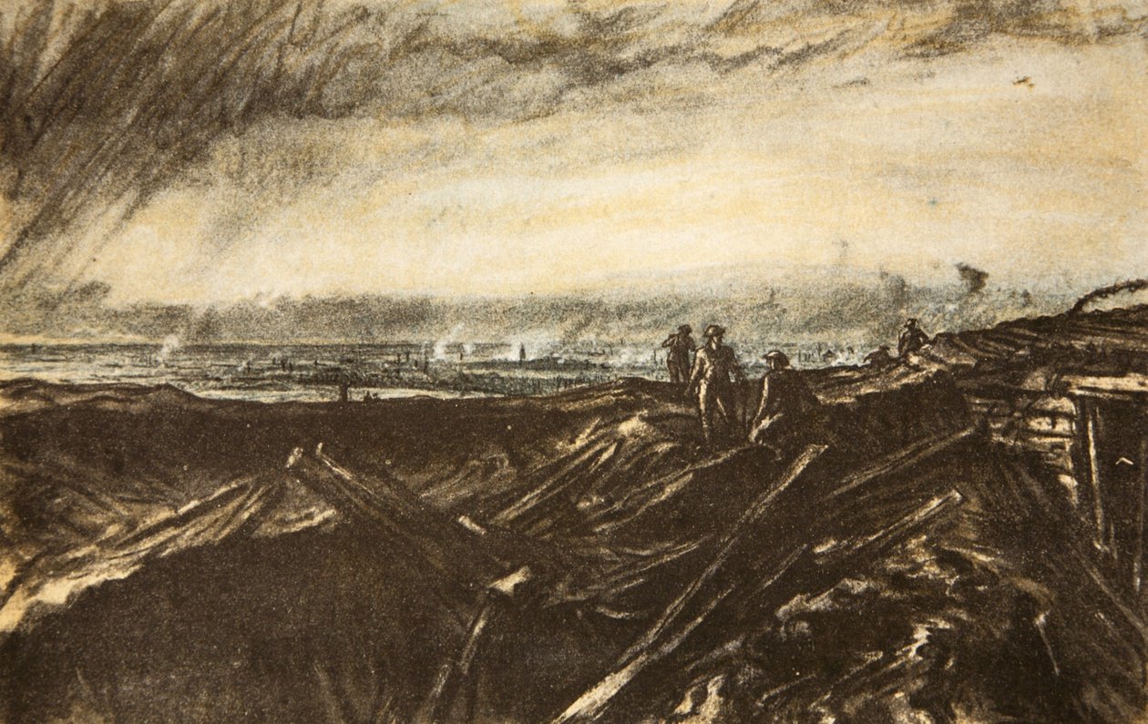 Vzdálená čočka z Notre Dame de Lorette, ilustrace z knihy "The Western Front", vyd. Country Life Ltd. od David Muirhead Bone