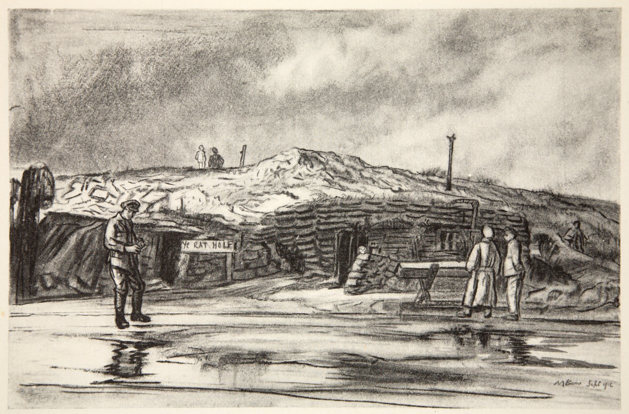 Dug Outs, ilustrace z knihy "The Western Front", vydavatelství Country Life Ltd. od David Muirhead Bone