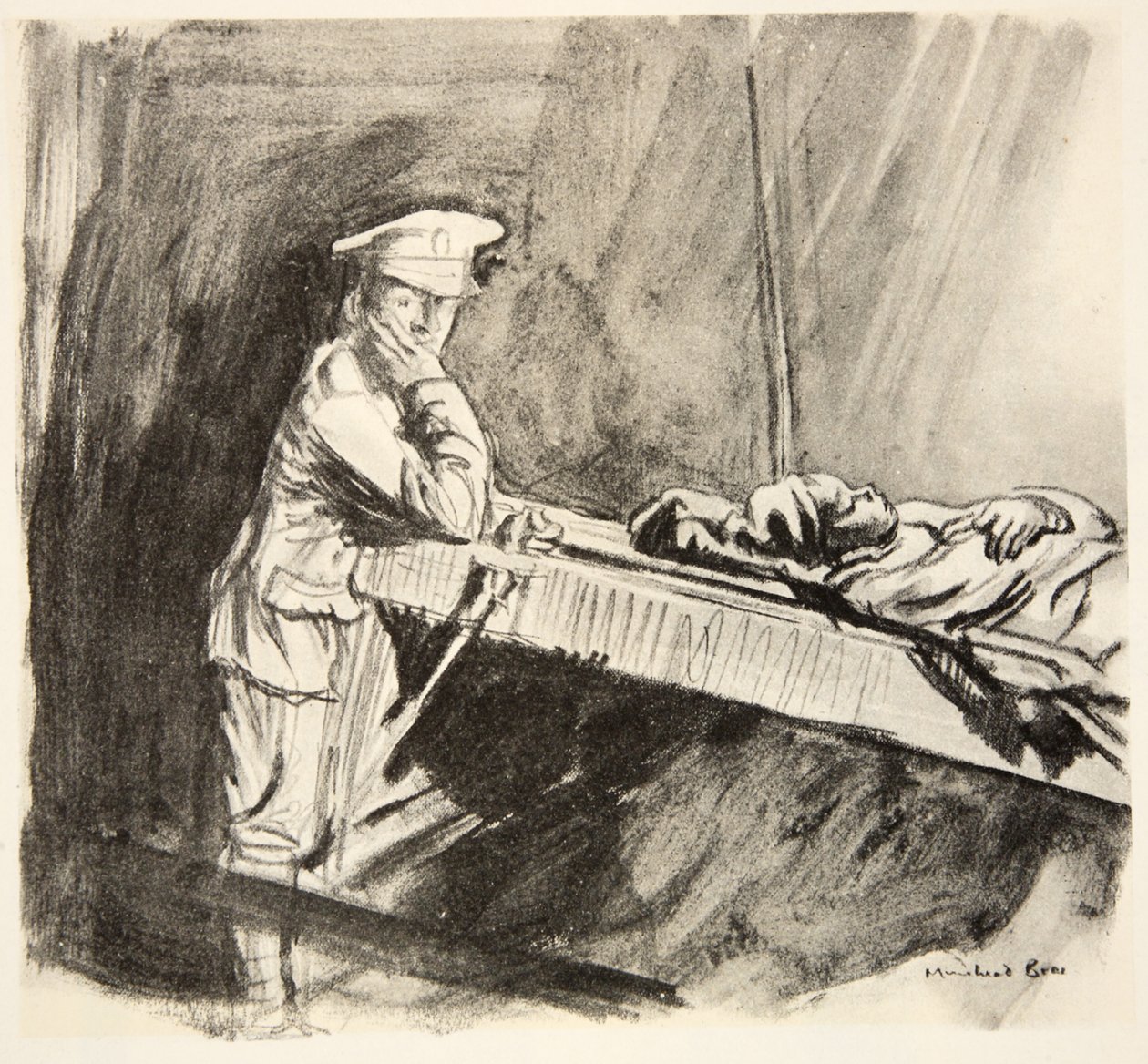 Nalodění raněných, ilustrace z knihy "The Western Front", vydavatelství Country Life Ltd. od David Muirhead Bone