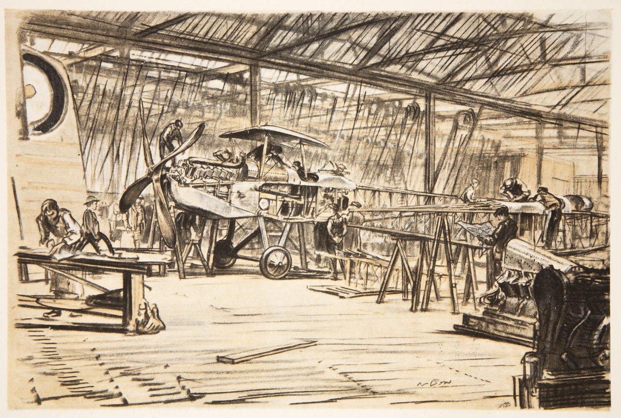 Stavění letadel, ilustrace z knihy "The Western Front", vydavatelství Country Life Ltd. od David Muirhead Bone