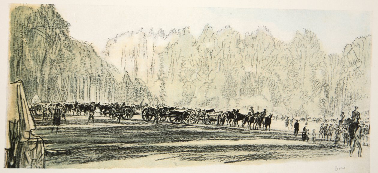 Sportovní polní dělostřelectvo: The Rival Gun Teams, ilustrace z knihy "The Western Front", vydavatelství Country Life Ltd. od David Muirhead Bone