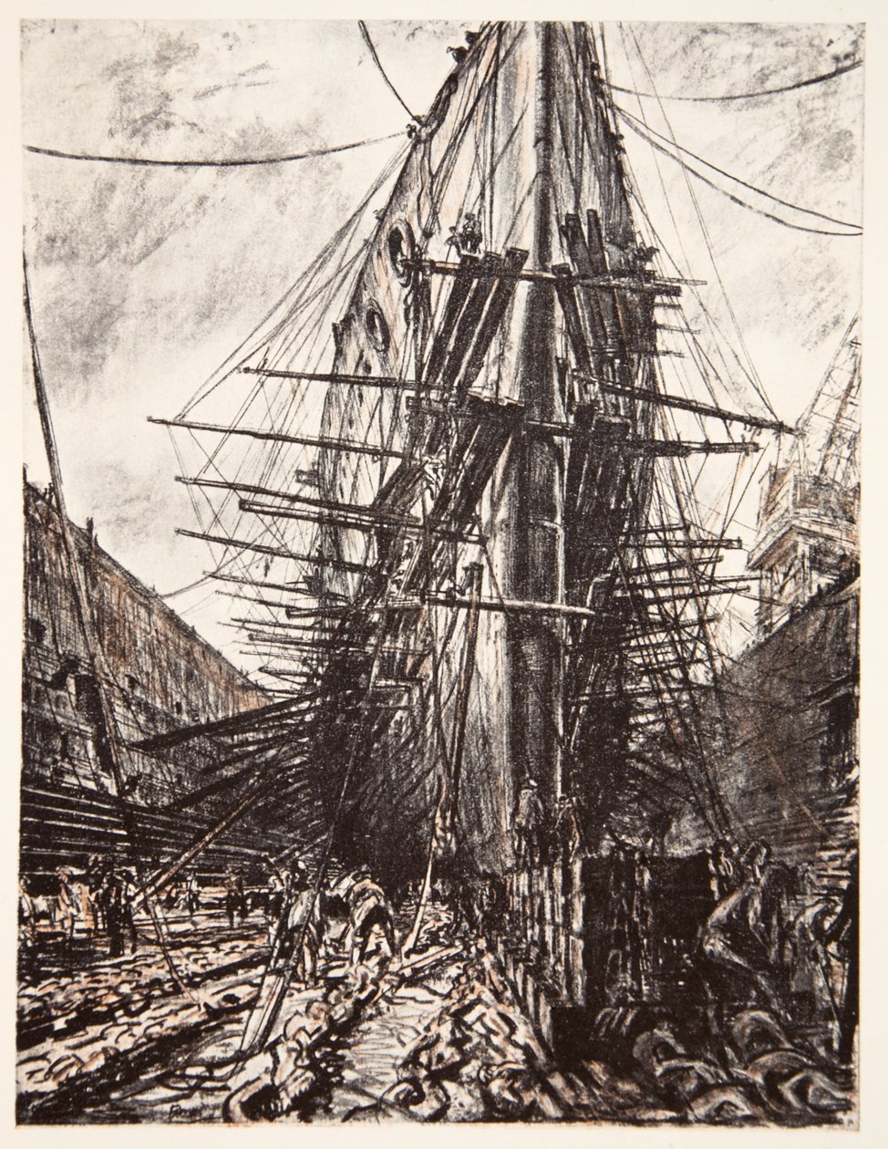 HMS Lion v suchém doku, ilustrace z knihy "The Western Front", vydavatelství Country Life Ltd. od David Muirhead Bone