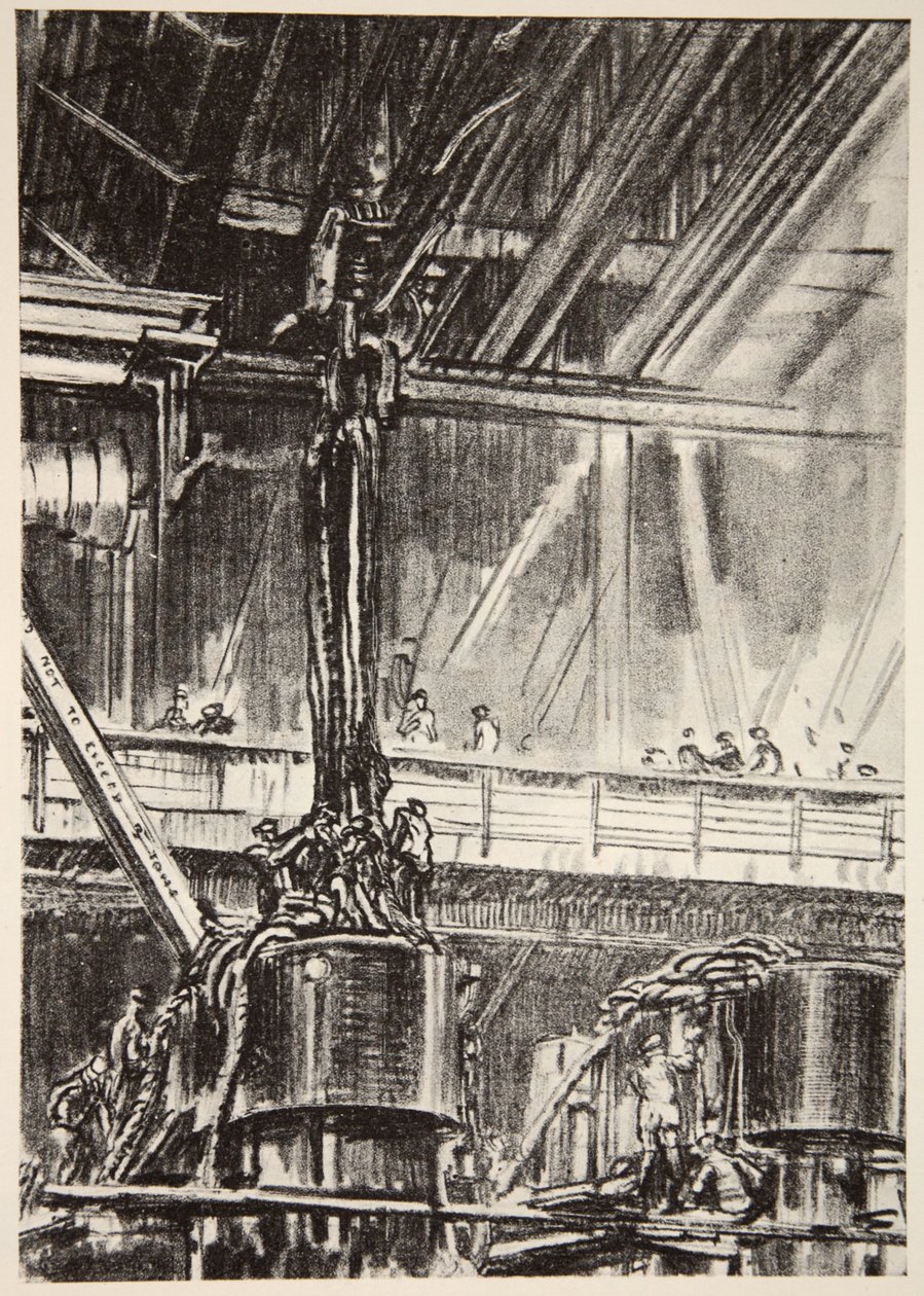 Ve strojovně, ilustrace z knihy "The Western Front", vydavatelství Country Life Ltd. od David Muirhead Bone