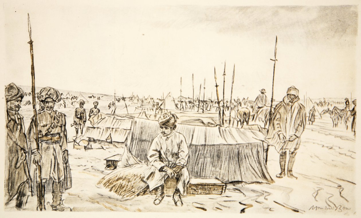 Indická kavalerie, ilustrace z knihy "The Western Front", vydavatelství Country Life Ltd. od David Muirhead Bone